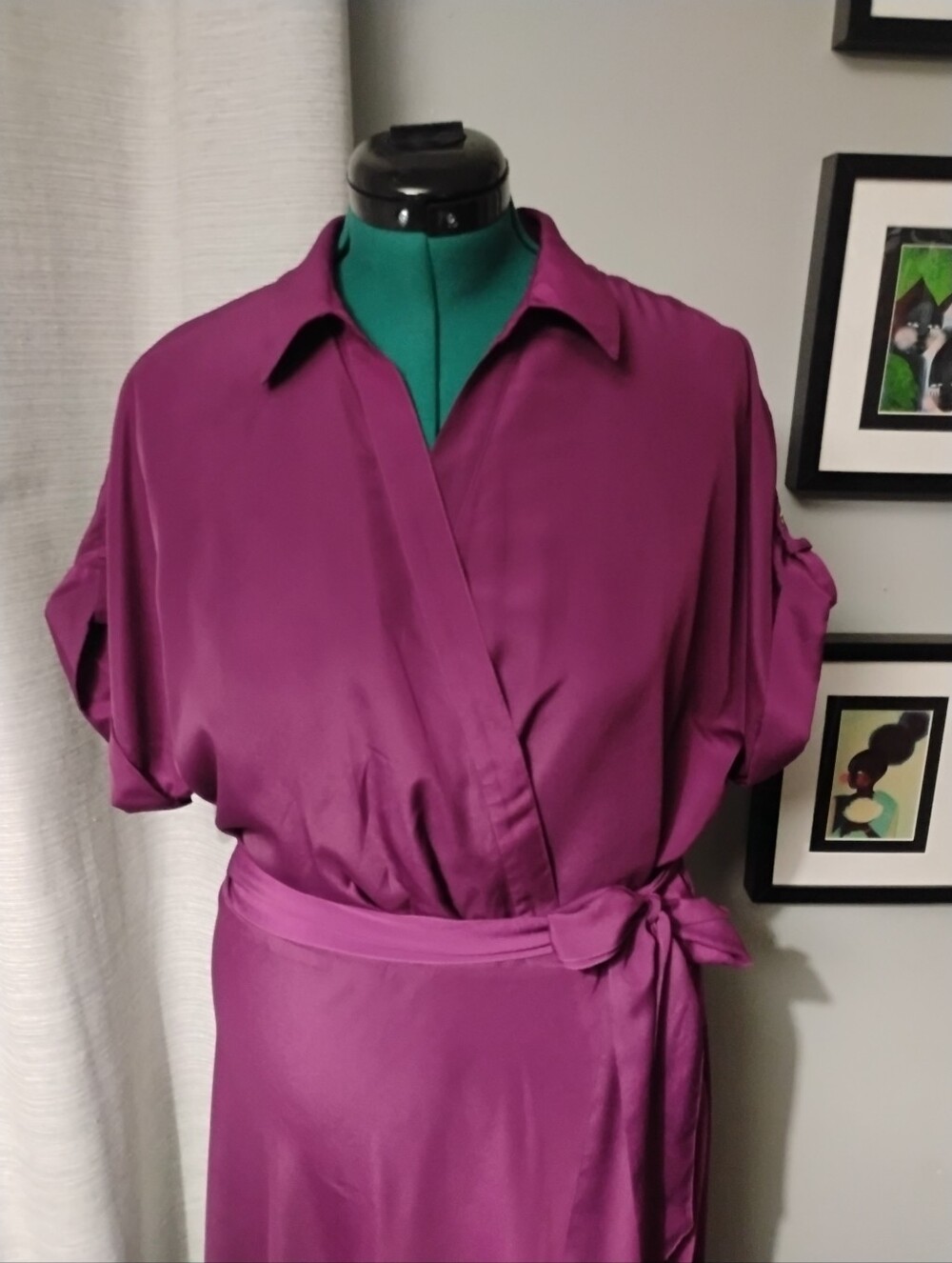 Ralph Lauren Fratillio Collared Surplice Midi Faux-Wrap Dress Magenta Sz 16 Flaw - Picture 12 of 12